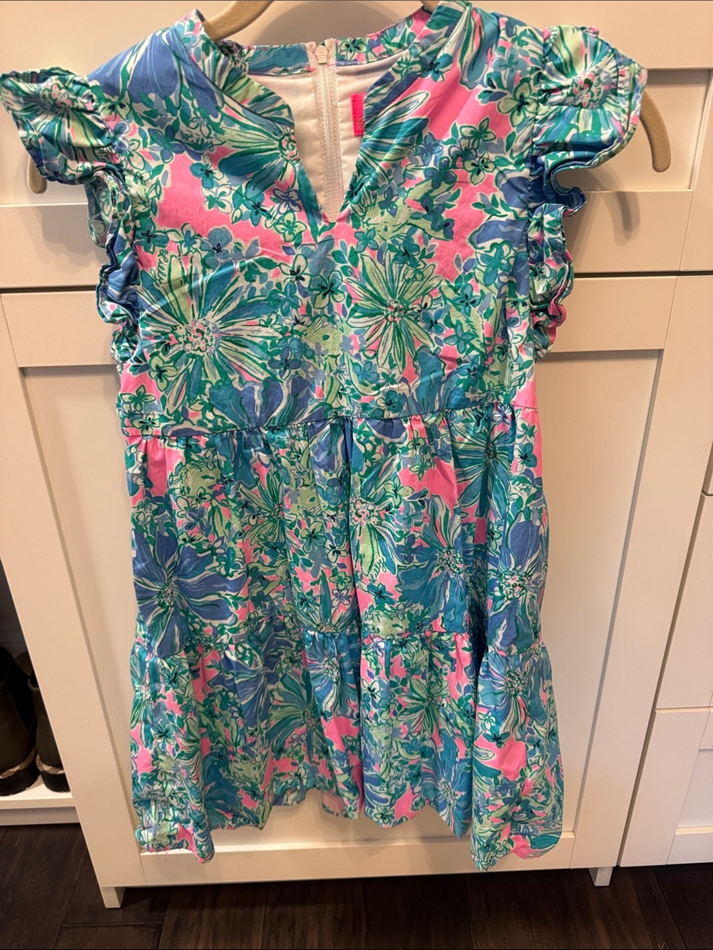 Lilly Pulitzer Girls Floral Flutter Sleeve Dress in Pink and Blue